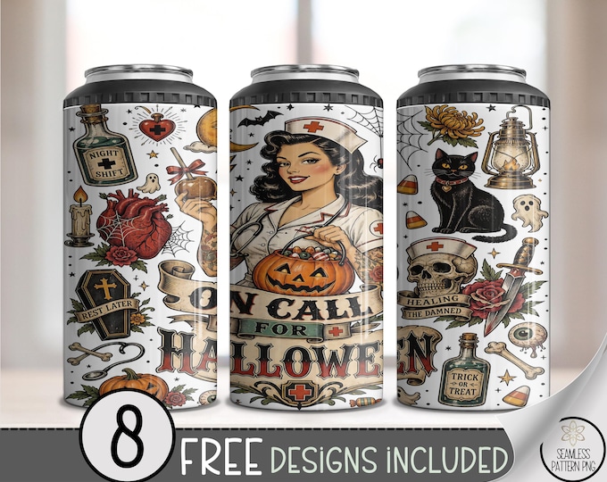 Halloween Nurse 4in1 Can Cooler Wrap, Vintage Tattoo Sublimation Design, Digital Download, B10528