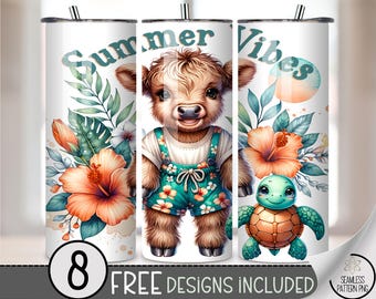 Summer Vibes Highland Cow Tumbler Wrap PNG, Cute Baby Cow and Turtle 20oz Skinny Sublimation Design, Floral Tropical Beach Animal Wrap A377