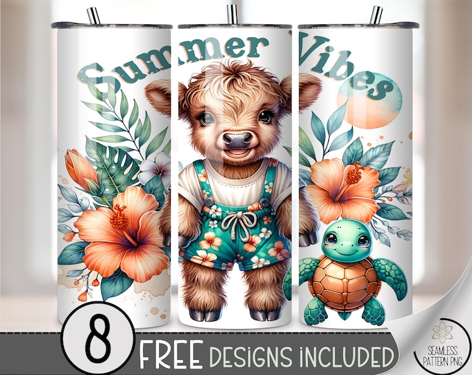Summer Vibes Highland Cow Tumbler Wrap PNG, Cute Baby Cow and Turtle 20oz Skinny Sublimation Design, Floral Tropical Beach Animal Wrap A377