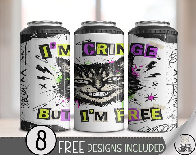 Cringe Cat 4-in-1 Can Cooler Wrap, Edgy Emo Humor, Black Light Sublimation Design, Digital Download, B945
