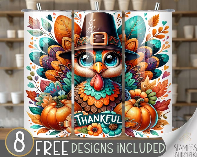 Thanksgiving turkey tumbler wrap, Thanksgiving tumbler design, Cute Turkey 20 oz tumbler wrap, Thankful tumbler PNG,Cute Turkey tumbler file