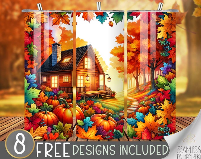 Autumn cabin tumbler wrap, Cabin in the woods tumbler wrap, autumn vacation 20 oz tumbler design, maple leaf tumbler file, changing leaves