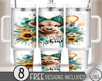 Let Your Light Shine 40 oz tumbler wrap: Highland Cow Sublimation Design, Playful Religious 40oz Tumbler Design, Farmhouse Style A502