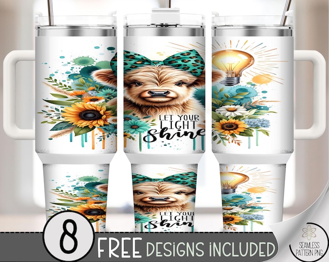 Let Your Light Shine 40 oz tumbler wrap: Highland Cow Sublimation Design, Playful Religious 40oz Tumbler Design, Farmhouse Style A502