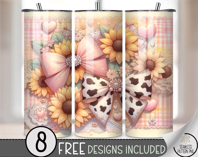 Cow Bow & Sunflower 20 oz Tumbler Wrap PNG, Pink Gingham Western Cow Print Sublimation Design for Girls, Cute Country Wrap, A386