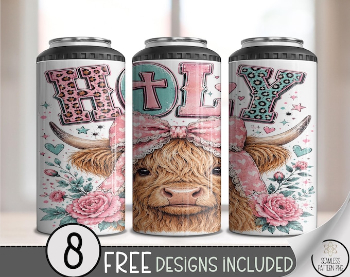 Holy Highland Cow 4-in-1 Can Cooler Wrap, Christian Sublimation Design, Digital Download, B10352