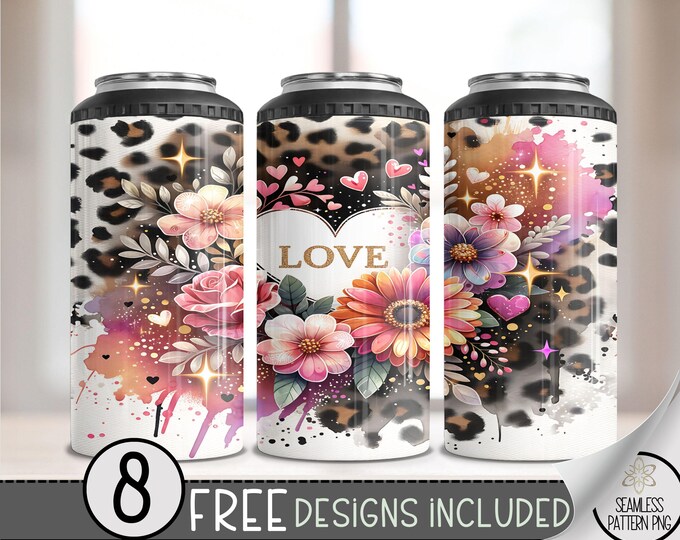 Vibrant Floral & Leopard 4in1 Can Cooler Wrap, Leopard Rose Floral 4 in 1 Tumbler PNG,Seamless Boho 16 Oz Can Cooler Sublimation Design A186