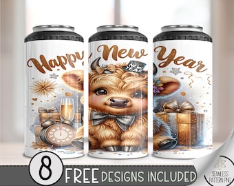 Highland Cow 4in1 Can Cooler Wrap, Happy New Year 4 in 1 Tumbler PNG, NYE 16 Oz Can Cooler Sublimation Design, Cute Cow Can Holder Wrap