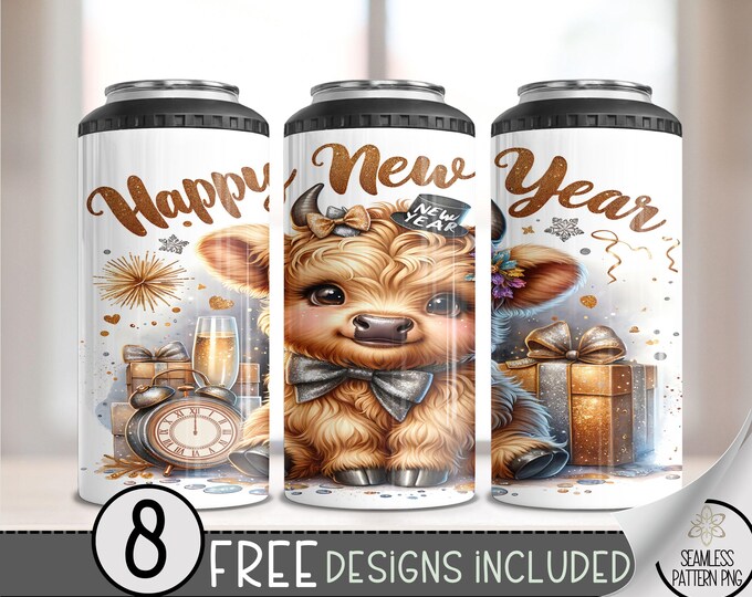Highland Cow 4in1 Can Cooler Wrap, Happy New Year 4 in 1 Tumbler PNG, NYE 16 Oz Can Cooler Sublimation Design, Cute Cow Can Holder Wrap