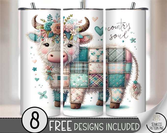Adorable 20 oz Tumbler Wrap: Farmhouse Cow with Floral Crown Digital Download Sublimation Design for Skinny Tumblers, Pastel PNG Files A498