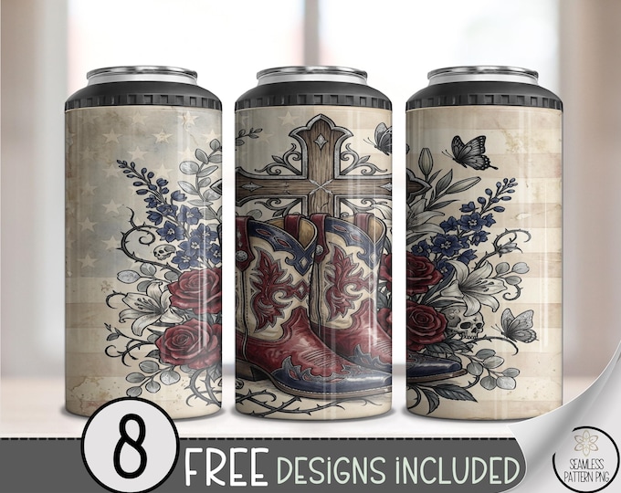 Western Cowboy Boots Cross 4in1 Can Cooler Wrap Sublimation Design, Digital Download, B10468