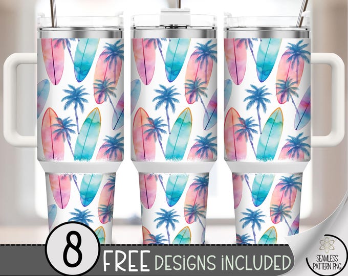 Watercolor Surfboard 40 oz Tumbler Wrap PNG, Tropical Palm Tree Sublimation Design, Summer Beach Skinny Cup PNG for 40oz Style Tumbler A287