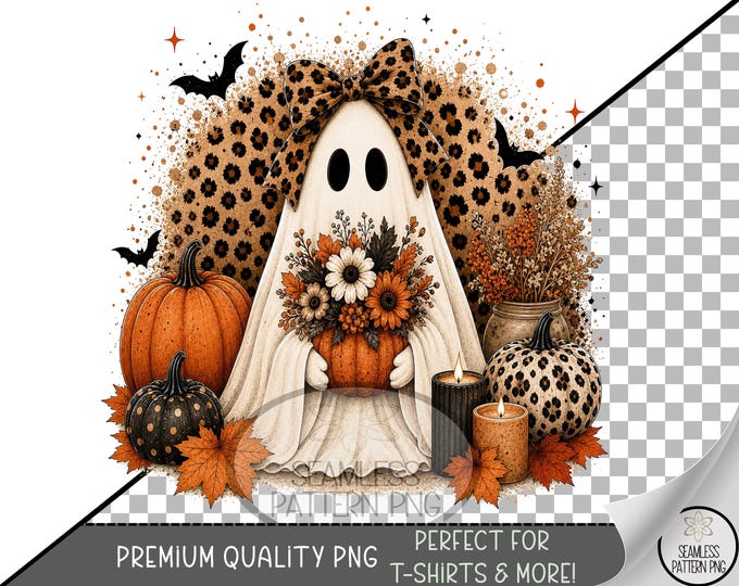 Autumn Sublimation Design, Cute Ghost Leopard Bow Graphic, Spooky Fall Clip Art, Digital Download, B10520