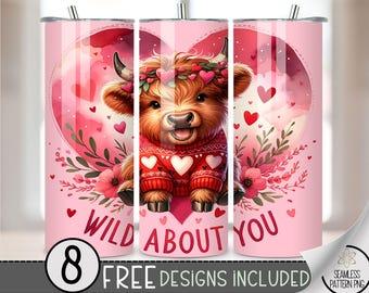 Valentine Tumbler Wrap,Wild About You Skinny Tumbler Sublimation Design,Cute Cow 20Oz Skinny Tumbler Digital Download Png,Heart Tumbler Wrap