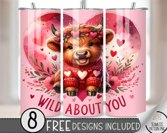 Valentine Tumbler Wrap,Wild About You Skinny Tumbler Sublimation Design,Cute Cow 20Oz Skinny Tumbler Digital Download Png,Heart Tumbler Wrap