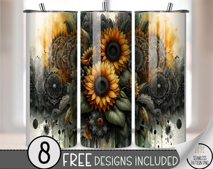 Grunge 20 oz tumbler wrap: Rustic Sunflower and Mandala Digital Download Sublimation Design for Skinny Tumblers, Vintage PNG Files A718