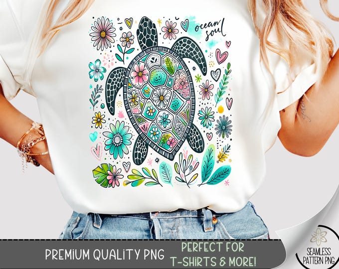Sea Turtle T-Shirt Design, Nautical Sublimation Design, Boho Floral Turtle Sweatshirt PNG, Summer Beach Fisherman Aesthetic for Shirts, A203