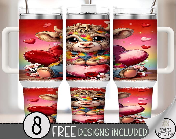 Valentine Highland Cow 40 oz Tumbler Wrap PNG, Cute Farm Animal Design, Digital Download for Sublimation, B844