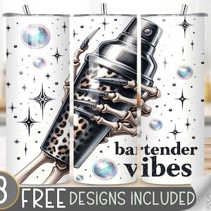 May include: A set of three white tumbler cups with a design of a skeleton hand holding a cocktail shaker with a leopard print design. The design also includes stars and bubbles. The text "bartender vibes" is printed on one of the cups.