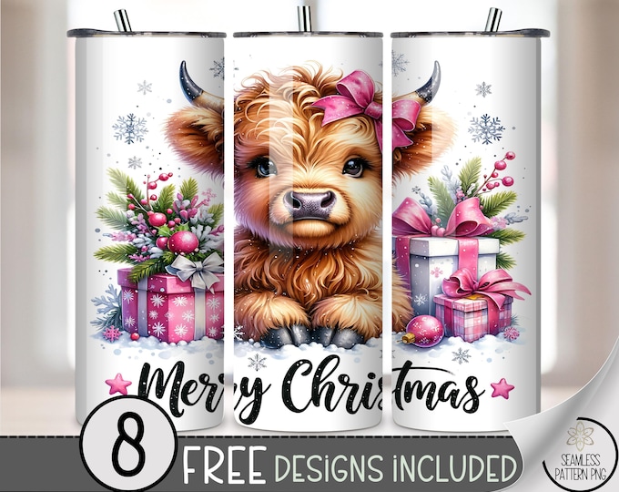 Seamless Christmas Highland Cow Tumbler Wrap, Merry Christmas 20oz Skinny Tumbler Wrap, Xmas Sublimation A584