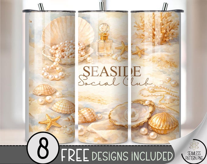 Preppy Coastal 20 oz Tumbler Wrap, Seaside Sublimation Design for Straight Tumblers, Feminine PNG Files, Digital Download, B10222
