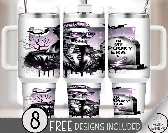 40 oz In My Spooky Era Tumbler Wrap PNG, Skeleton in Leather Jacket with Sunglasses, Halloween Goth Vibes, Sublimation Design, A355