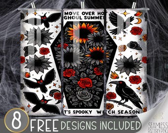 Halloween Horror Tumbler Wrap Hot Ghoul Summer PNG 20 oz Skinny Sublimation Spooky Witch Season Digital Design, Trendy Black Goth PNG