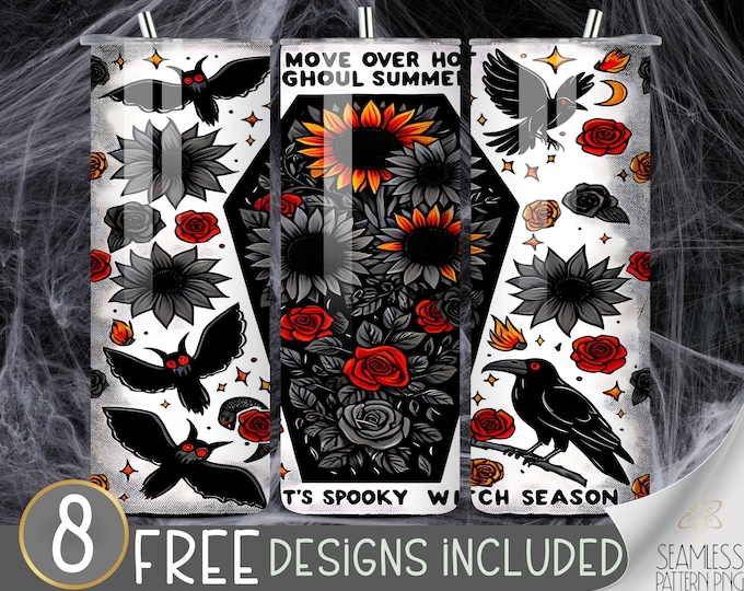 Halloween Horror Tumbler Wrap Hot Ghoul Summer PNG 20 oz Skinny Sublimation Spooky Witch Season Digital Design, Trendy Black Goth PNG