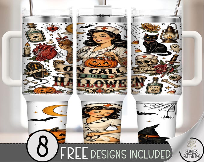 Halloween Nurse 40 oz Tumbler Wrap, Vintage Tattoo Sublimation Design, Spooky Pin-up PNG, Digital Download, B10528