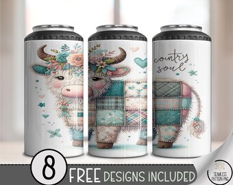 Farmhouse Highland Cow 4in1 Can Cooler Wrap, Cozy Floral Sublimation Design, Rustic Pastel Quilt PNG, Boho Printable Wrap Design A498