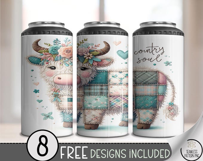 Farmhouse Highland Cow 4in1 Can Cooler Wrap, Cozy Floral Sublimation Design, Rustic Pastel Quilt PNG, Boho Printable Wrap Design A498