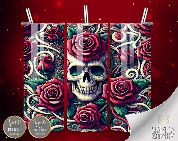 Embroidered Skull Tumbler Wrap, 20oz Sublimation Design with Red Rose PNG, 3D Sublimation Design Embroidery Red Rose Tumbler PNG Download