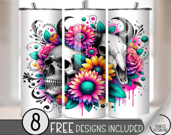 20oz Skull Tumbler Wrap PNG, Floral Western Cow Skull Sublimation, Sunflower Rose Skull Design, Gothic Colorful Tumbler PNG, A407
