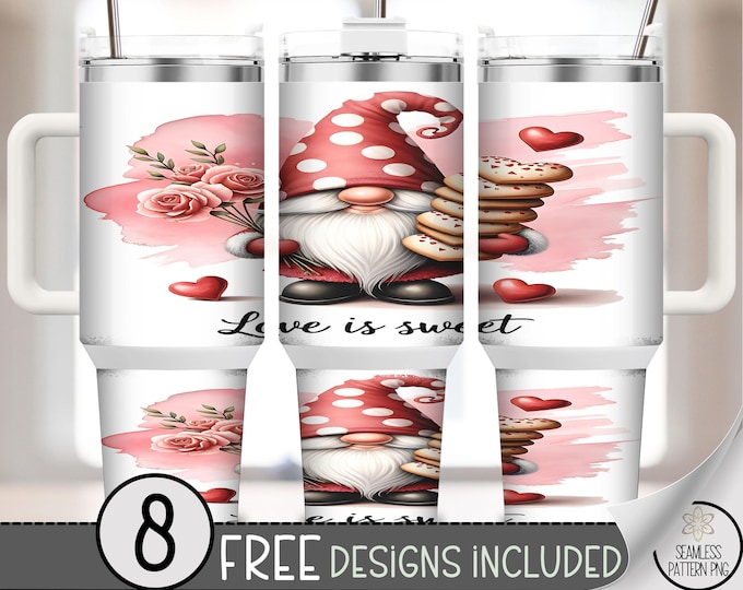Gnome Hearts 40 oz Tumbler Wrap PNG, Valentine Design, Lovely Sublimation, Digital Download, A694
