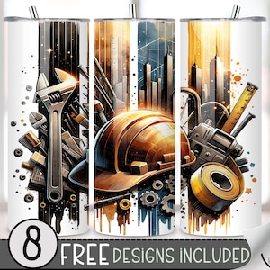 以下が含まれることがあります： 建設をテーマにした20オンスのステンレス製タンブラー3個セット。タンブラーは、工具、ヘルメット、街並みをモチーフにしたカラフルなデザインです。画像の下部には「FREE DESIGNS INCLUDED」の文字が印刷されています。