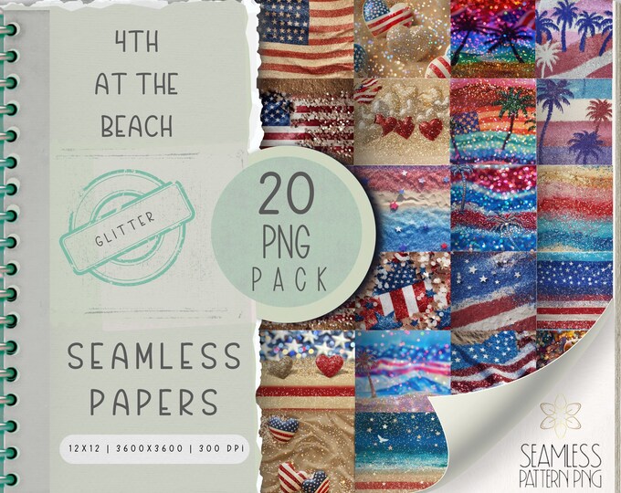 Digital Glitter Fourth At The Beach Seamless Pattern PNG Bundle, Stripe Sublimation File, Bright 4th of July Repeating Pack Commercial Use
