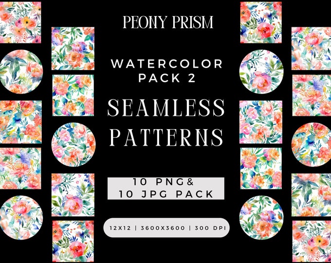 Digital Watercolor Peony Prism Seamless PNG JPG Bundle, Floral Spring Summer Sublimation File, Colorful Repeating Pattern Commercial Use