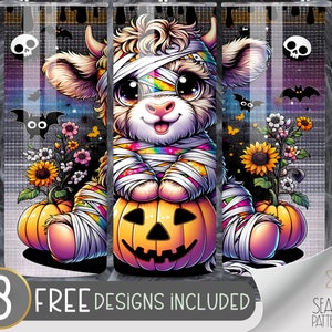 Sublimeringsdesign med mumie och höglandsko, Halloween-design, solrosko, 20 oz smal tumbler, PNG, direktnedladdning