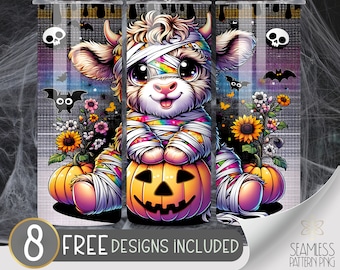 Mummy Highland Cow Tumbler Sublimation Design, Halloween Highland Cow Design, Sunflower Cow 20Oz Skinny Tumbler Wrap PNG, Instant Download