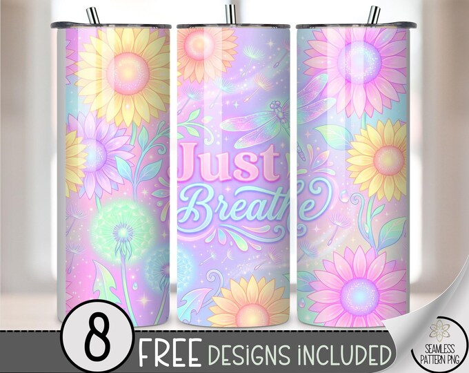 Just Breathe 20 oz Tumbler Wrap, Pastel Sublimation Design for Straight Tumblers, Cozy Cottagecore PNG Files, Seamless Pattern Wrap B10140