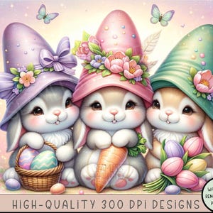 May include: Three adorable cartoon bunnies wearing Easter hats. The bunny on the left is wearing a purple hat with a pink bow, the middle bunny is wearing a pink hat with flowers, and the bunny on the right is wearing a green hat with flowers. The bunnies are holding Easter eggs, carrots, and flowers.