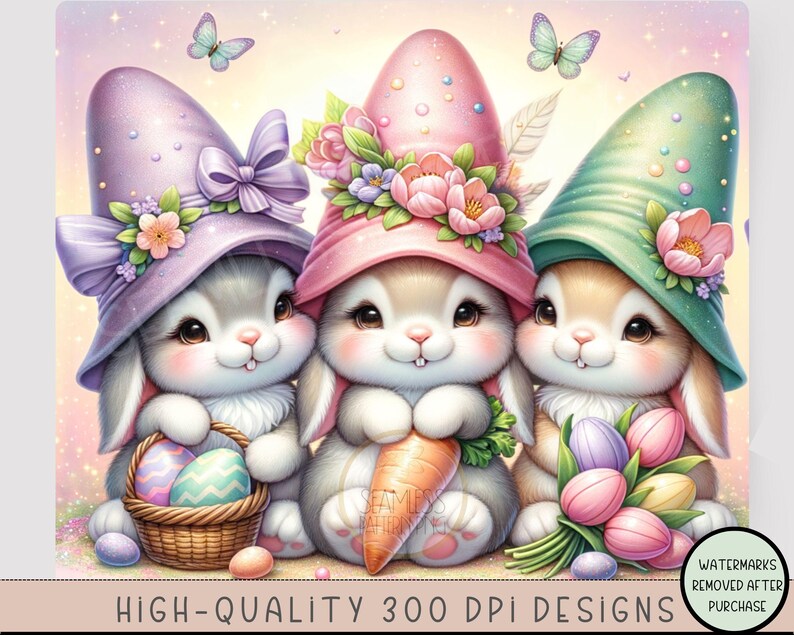 May include: Three adorable cartoon bunnies wearing Easter hats. The bunny on the left is wearing a purple hat with a pink bow, the middle bunny is wearing a pink hat with flowers, and the bunny on the right is wearing a green hat with flowers. The bunnies are holding Easter eggs, carrots, and flowers.