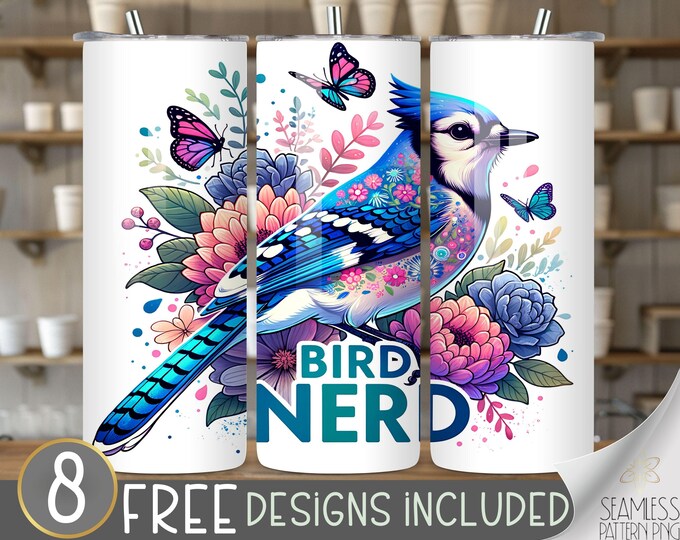 Bird and Flowers Tumbler Wrap, Blue Jay Tumbler, Blue Jay Sublimation Design, 20oz Skinny Tumbler Sublimation Designs Birds, Bird Nerd PNG