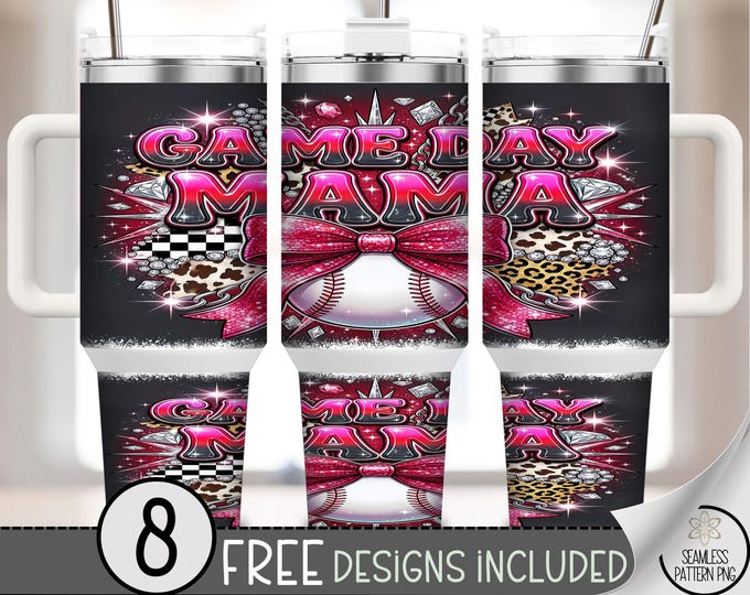 Game Day Mama 40 oz Tumbler Wrap, Baseball Bow Sublimation Design, Glam Glitter PNG Files, Rhinestone 40oz Tumbler Design B10120