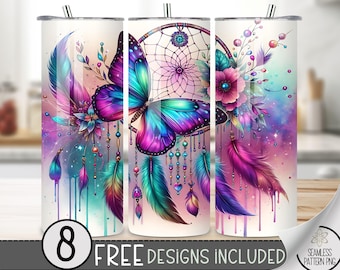 Boho Dreamcatcher Butterfly Floral Tumbler Wrap, Floral Boho Sublimation Design PNG, Ethereal 20Oz Skinny Tumbler File, Glittery Tumbler PNG