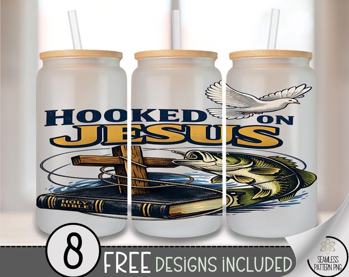 Faith Glass Can Wrap, "Hooked on Jesus" 16oz Tumbler Sublimation Design, Rustic Fishing PNG File, Christian Outdoors UV DTF Cup Wrap, B10021