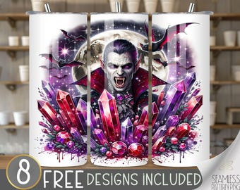 Vampire Moon Tumbler Wrap 20oz Haunted Vampire Fang Design, Halloween Horror Tumbler Wrap PNG, Sparkle Wiccan Crystal Bats Instant Download