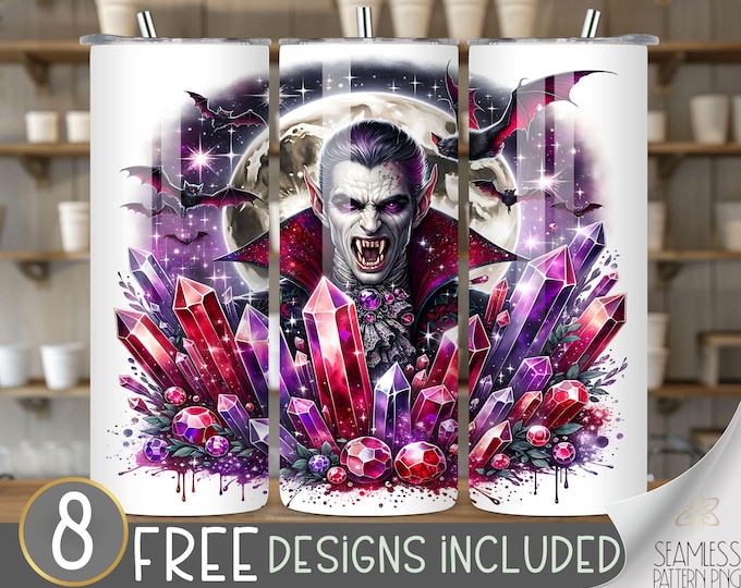 Vampire Moon Tumbler Wrap 20oz Haunted Vampire Fang Design, Halloween Horror Tumbler Wrap PNG, Sparkle Wiccan Crystal Bats Instant Download