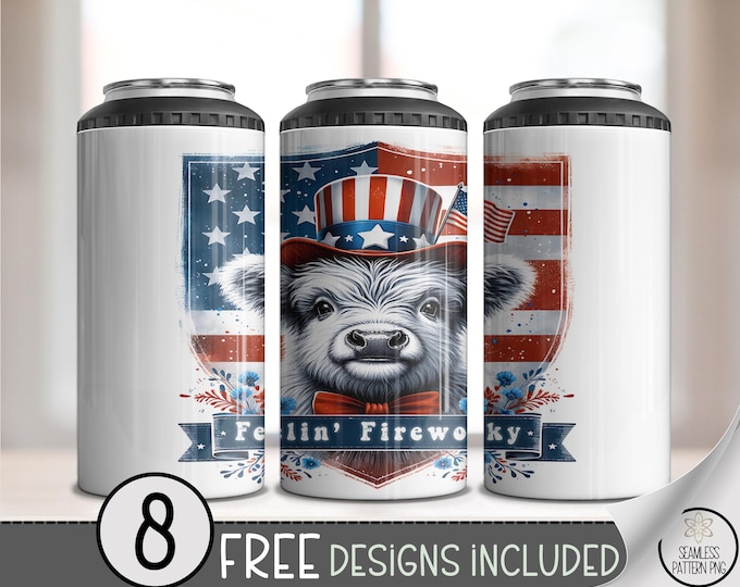 Feelin’ Fireworky 4-in-1 Can Cooler Wrap PNG, 16 oz Patriotic Highland Cow, 4 in 1 July 4th Sublimation Design Wrap File, Fourth PNG, A301