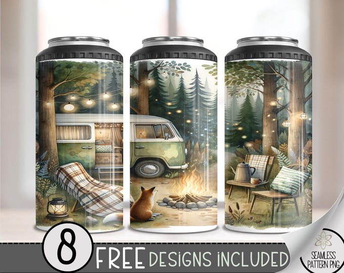 Hunter Glamping 4 in 1 Can Cooler Wrap, Cozy Rustic Vintage Camper Woods 4in1 Tumbler PNG, Van Life 16 Oz Can Cooler Sublimation Design File
